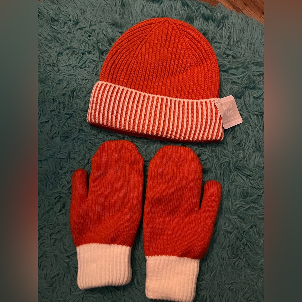 Adult orange and White Knit Hat and Mittens Set